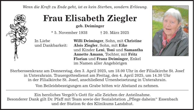 Traueranzeige Elisabeth Ziegler