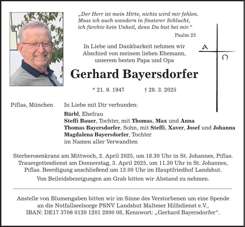 Traueranzeige Gerhard Bayersdorfer