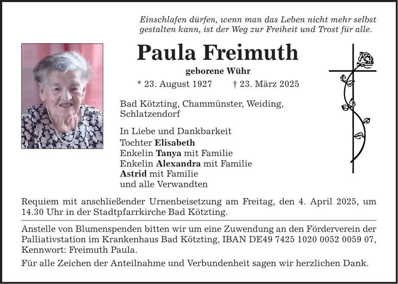 Traueranzeige Paula Freimuth