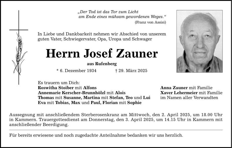 Traueranzeige Josef Zauner
