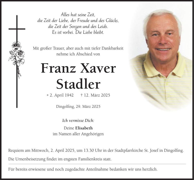 Traueranzeige Franz-Xaver Stadler
