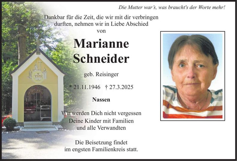 Traueranzeige Marianne Schneider