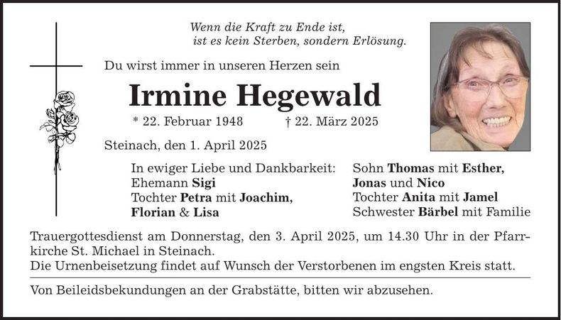 Traueranzeige Irmine Hegewald