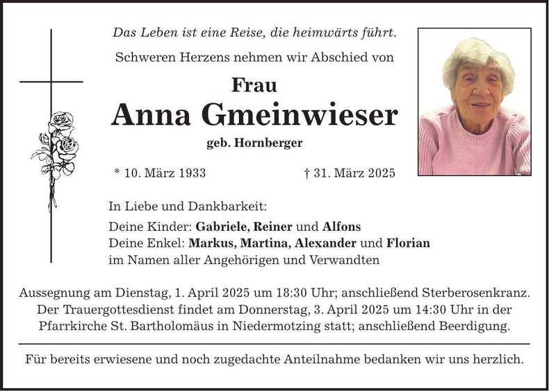 Traueranzeige Anna Gmeinwieser