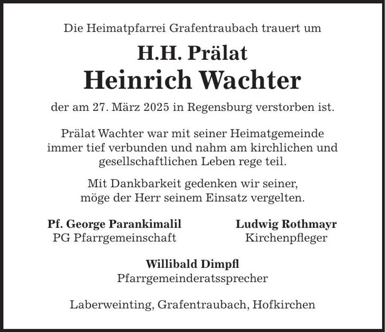 Traueranzeige Heinrich Wachter