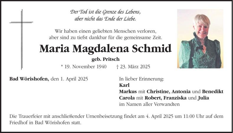 Traueranzeige Maria Schmid