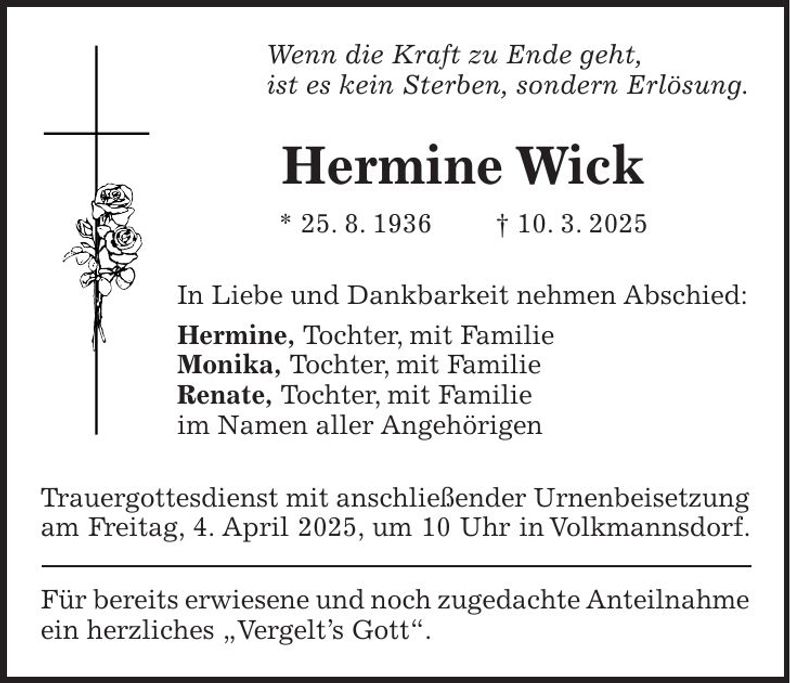 Traueranzeige Hermine Wick