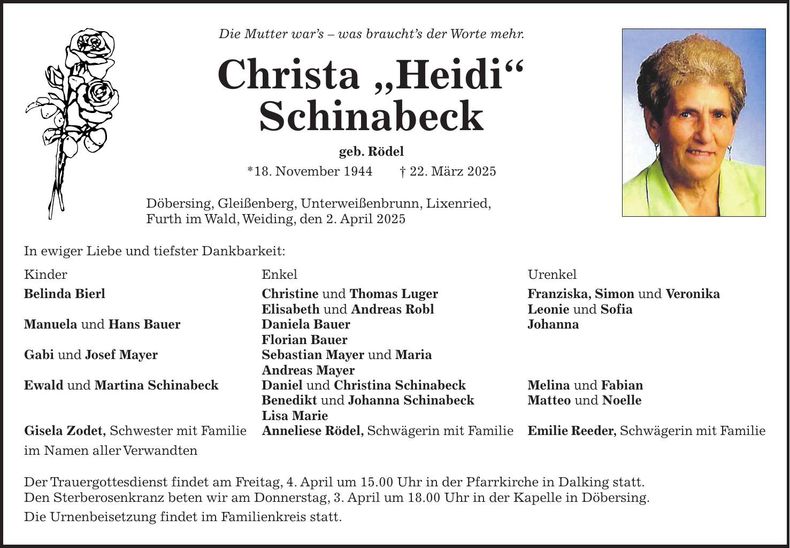 Traueranzeige "Heidi" Christa Schinabeck