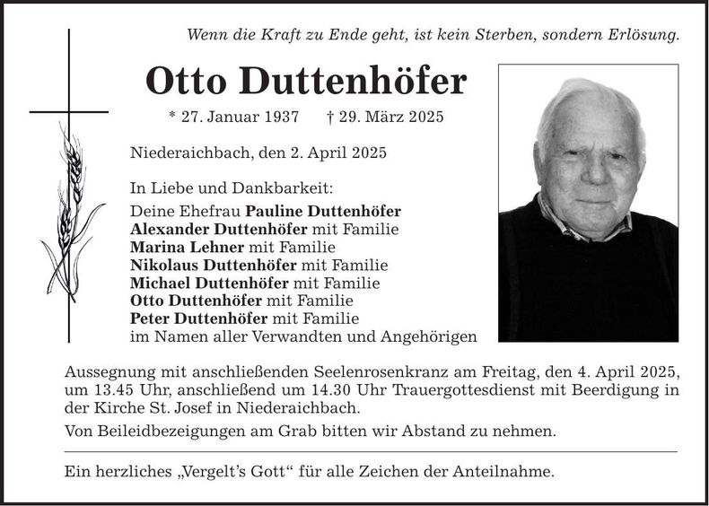 Traueranzeige Otto Duttenhöfer