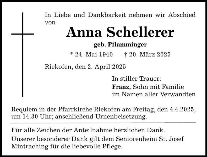 Traueranzeige Anna Schellerer