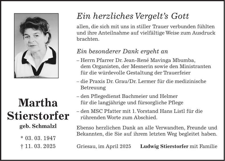 Traueranzeige Martha Stierstorfer