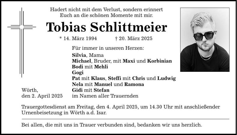 Traueranzeige Tobias Schlittmeier