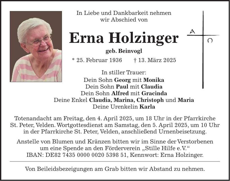 Traueranzeige Erna Holzinger