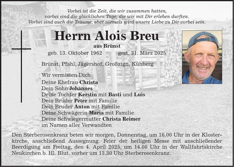 Traueranzeige Alois Breu