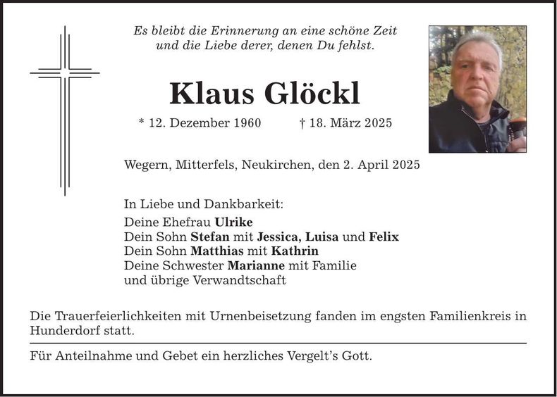 Traueranzeige Klaus Glöckl