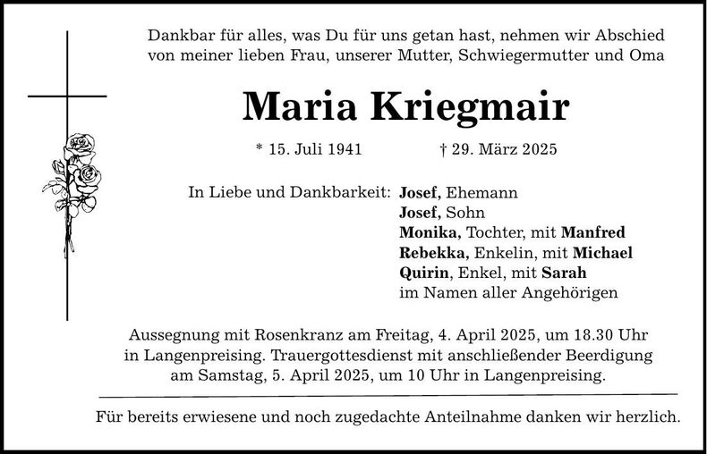 Traueranzeige Maria Kriegmair