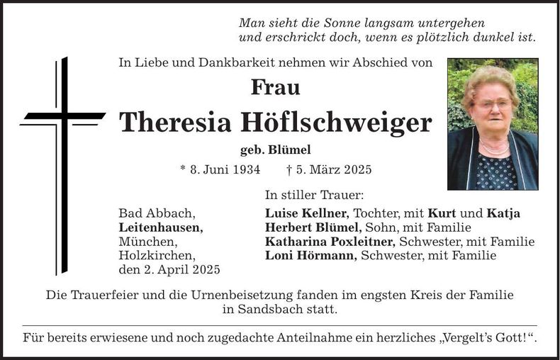 Traueranzeige Theresia Höflschweiger