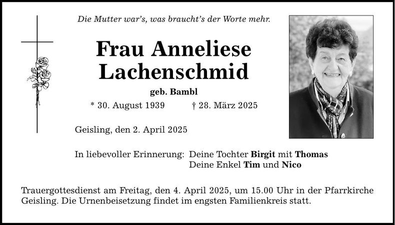 Traueranzeige Anneliese Lachenschmid