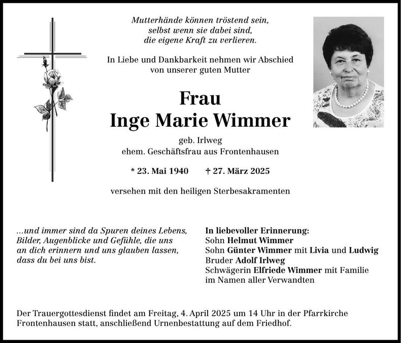 Traueranzeige Inge Marie Wimmer