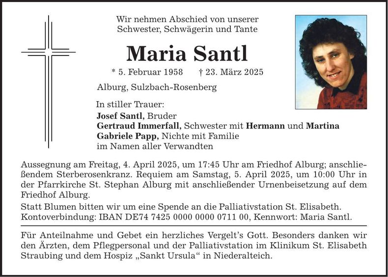 Traueranzeige Maria Santl