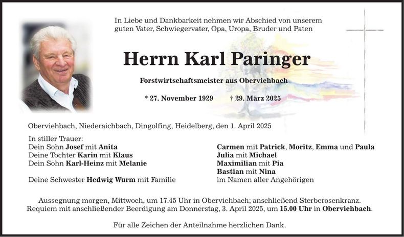 Traueranzeige Karl Paringer