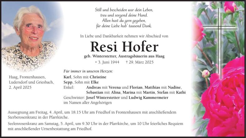 Traueranzeige Resi Hofer