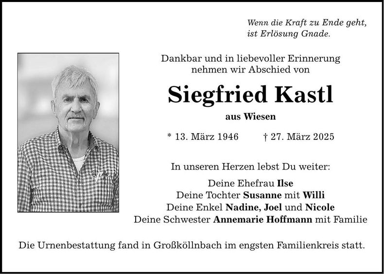 Traueranzeige Siegfried Kastl