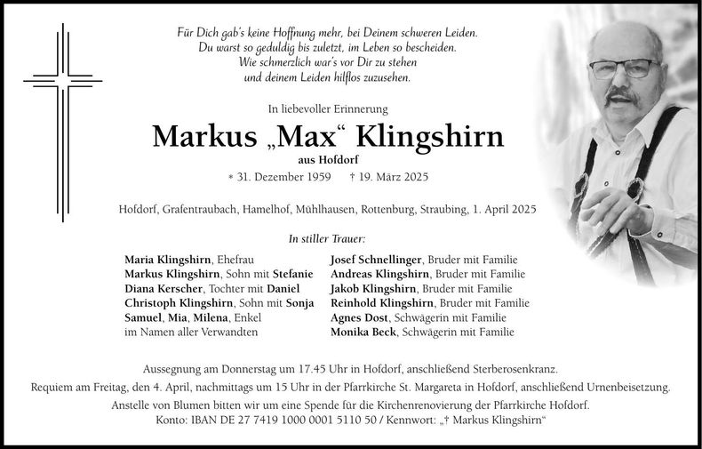 Traueranzeige Markus Klingshirn