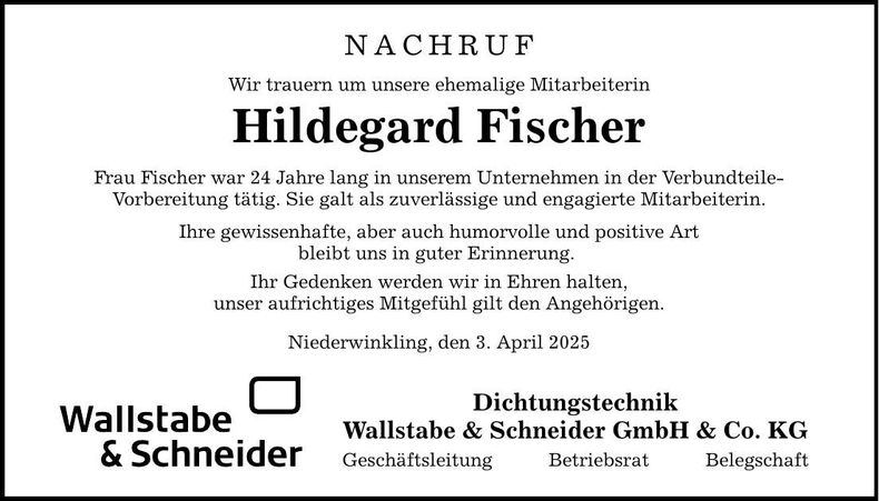 Traueranzeige Hildegard Fischer