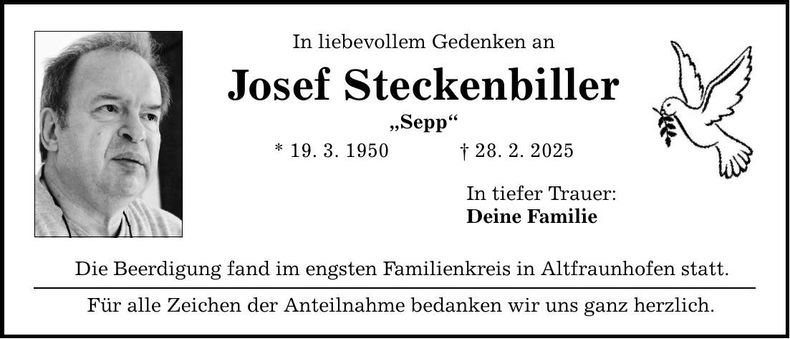 Traueranzeige Josef Steckenbiller
