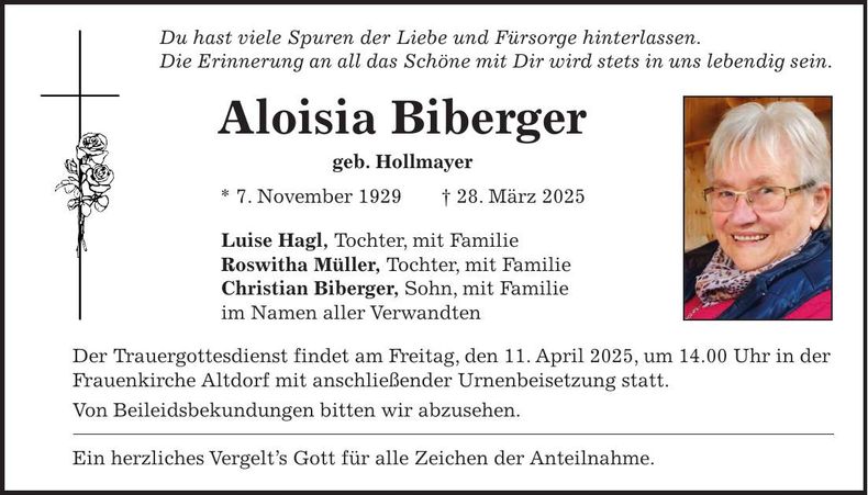 Traueranzeige Aloisia Biberger