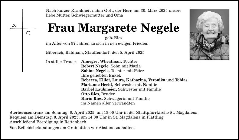 Traueranzeige Margarete Negele
