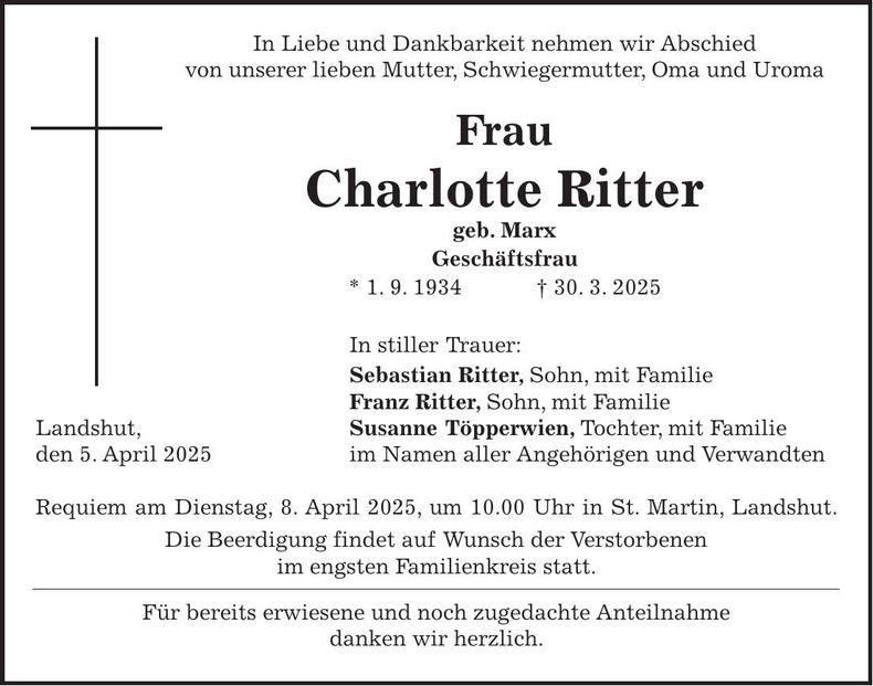 Traueranzeige Charlotte Ritter