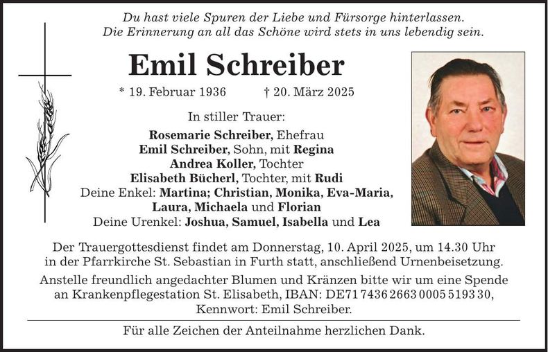 Traueranzeige Emil Schreiber