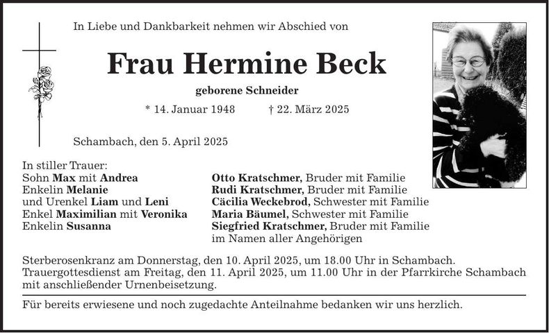 Traueranzeige Hermine Beck