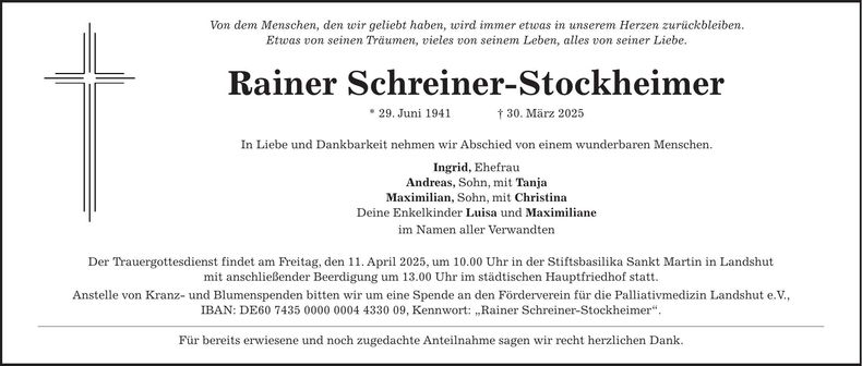 Traueranzeige Rainer Schreiner-Stockheimer