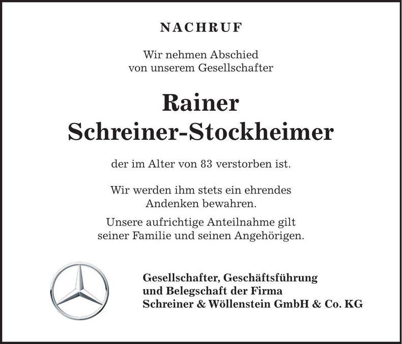 Traueranzeige Rainer Schreiner-Stockheimer