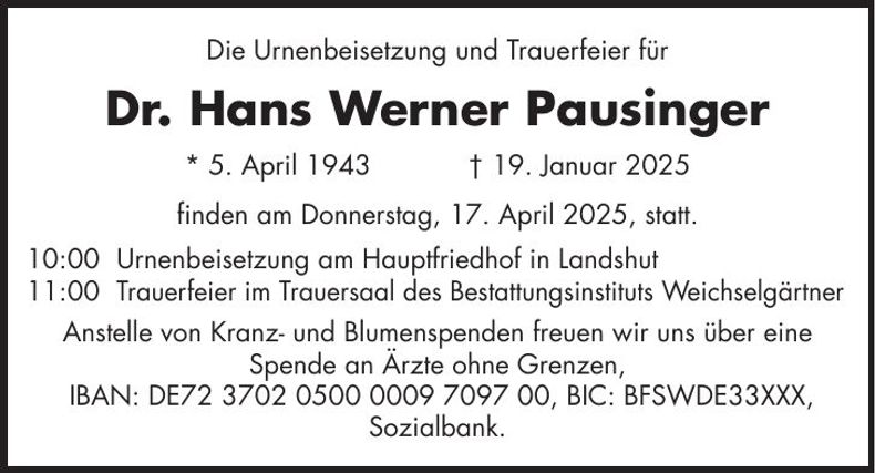Traueranzeige Hans Werner Pausinger