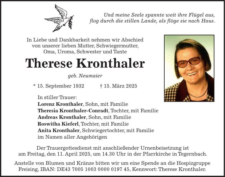 Traueranzeige Therese Kronthaler