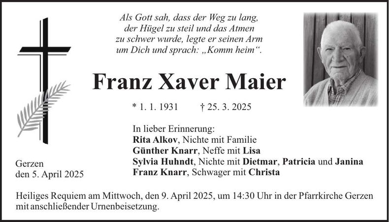Traueranzeige Franz Xaver Maier