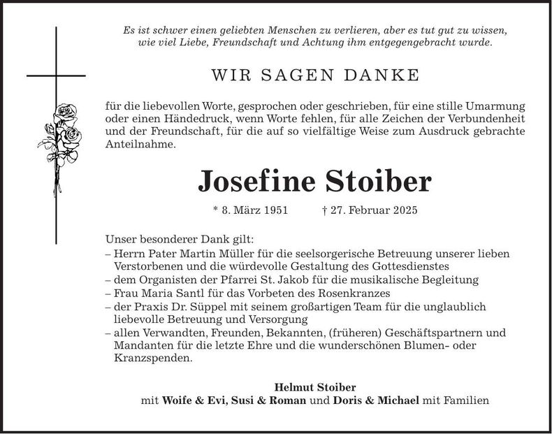 Traueranzeige Josefine Stoiber
