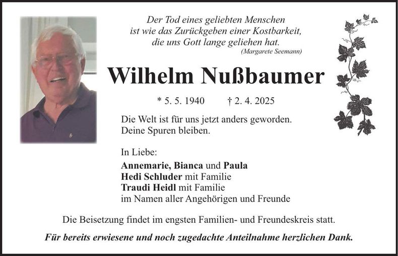 Traueranzeige Wilhelm Nußbaumer