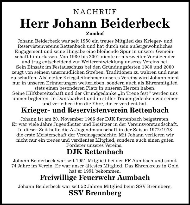 Traueranzeige Johann Beiderbeck