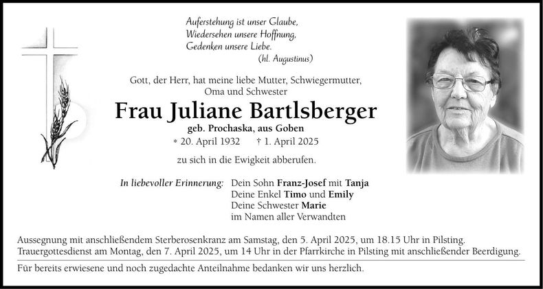 Traueranzeige Juliane Bartlsberger