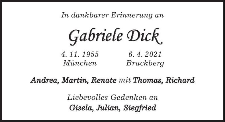 Traueranzeige Gabriele Dick
