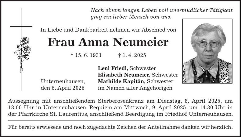 Traueranzeige Anna Neumeier