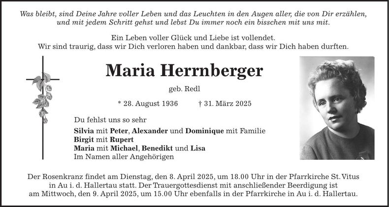 Traueranzeige Maria Herrnberger