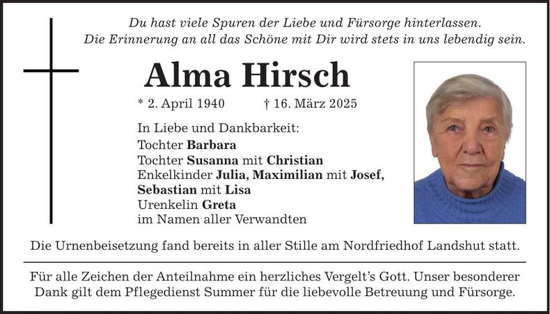 Traueranzeige Alma Hirsch