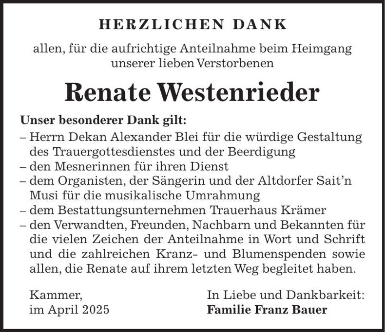 Traueranzeige Renate Westenrieder
