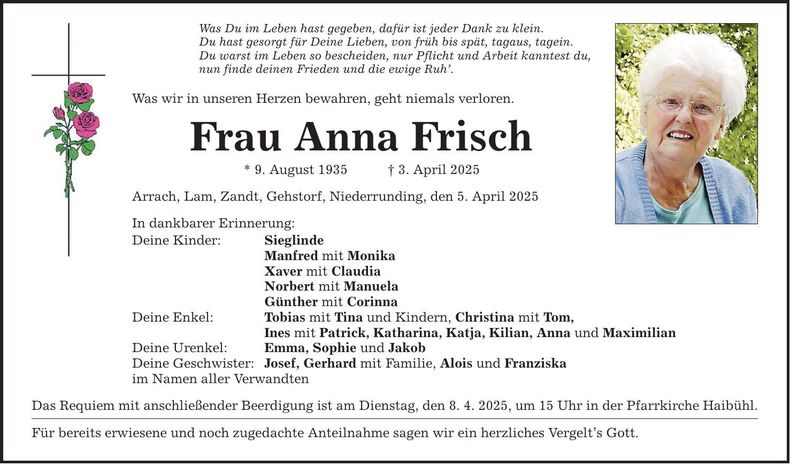 Traueranzeige Anna Frisch